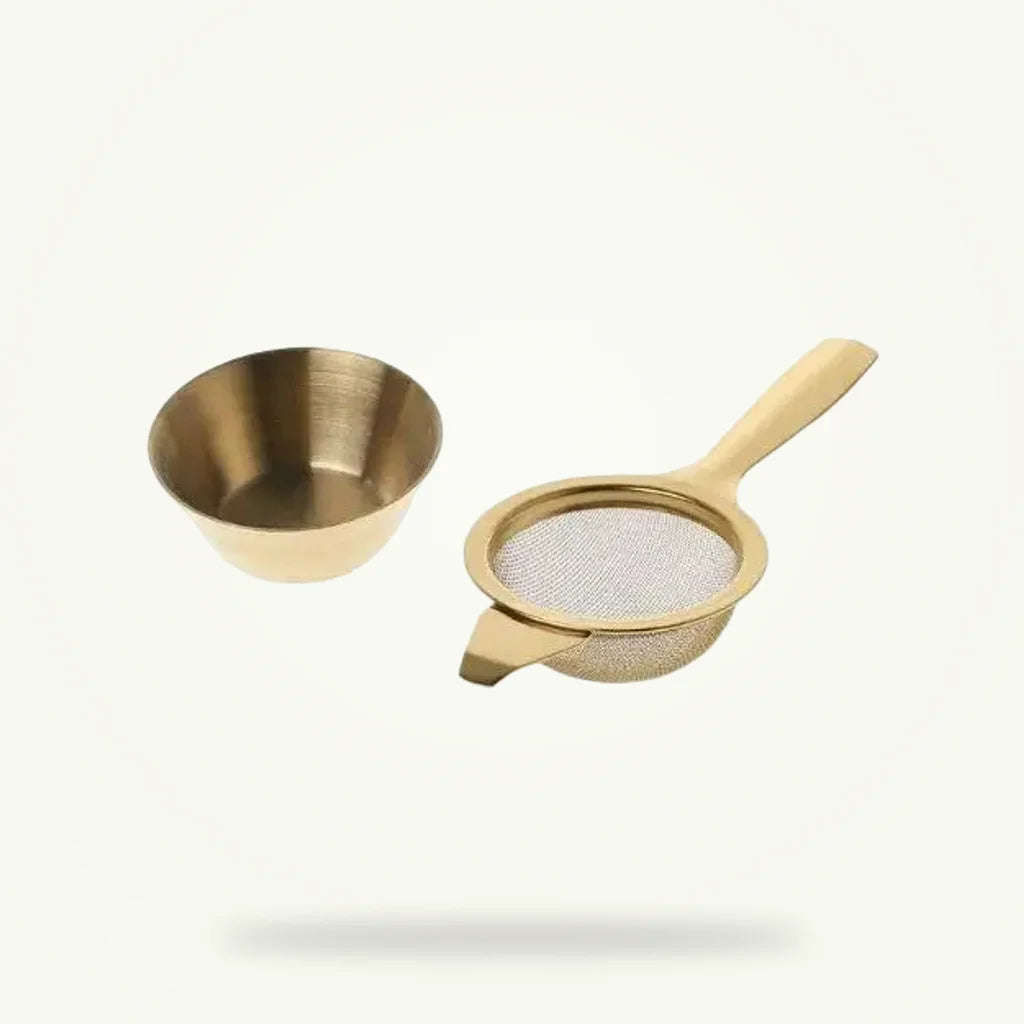 Small Stainless Steel Tea Strainer, Gold or Silver Finish, product photo on a plain background