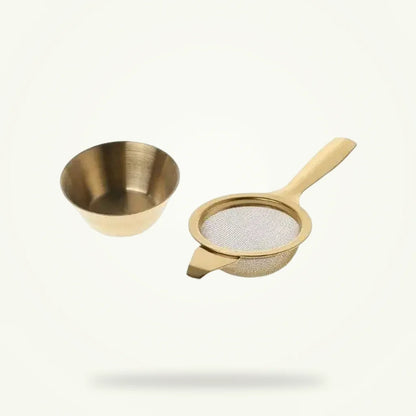 Small Stainless Steel Tea Strainer, Gold or Silver Finish, product photo on a plain background