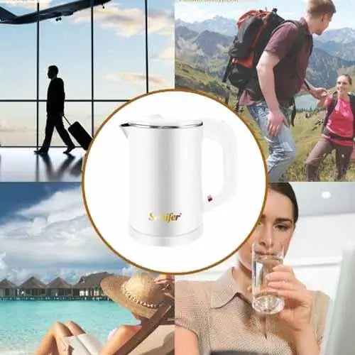 Pouring hot water from white electric kettle