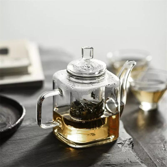 Clear square glass teapot for loose leaf tea brewing, 300ml