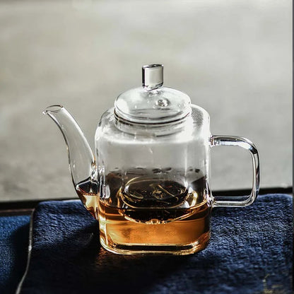 Square glass teapot 300ml on wooden tray, morning tea setup
