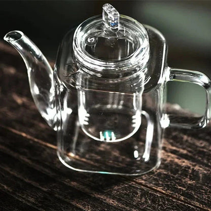 Scandinavian square glass teapot close-up, clean lines and clear glass