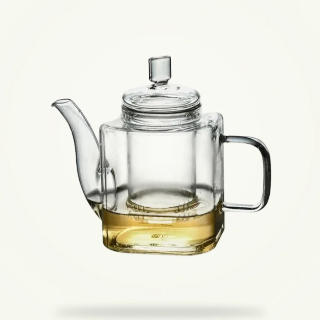 Square glass teapot 300ml Scandinavian style, packshot on plain background