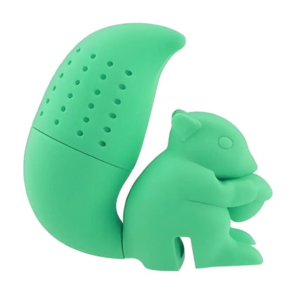 Green squirrel silicone tea infuser on white background