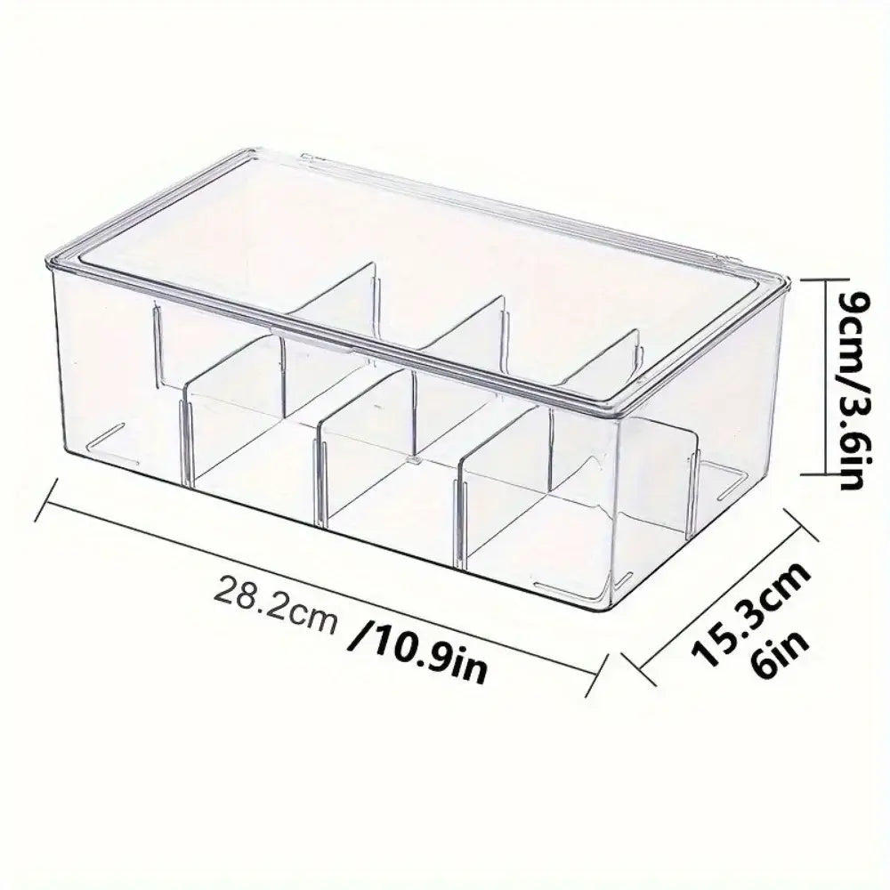 Stackable tea storage box open lid view with labeled compartments for multiple bag sizes