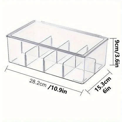 Stackable tea storage box open lid view with labeled compartments for multiple bag sizes