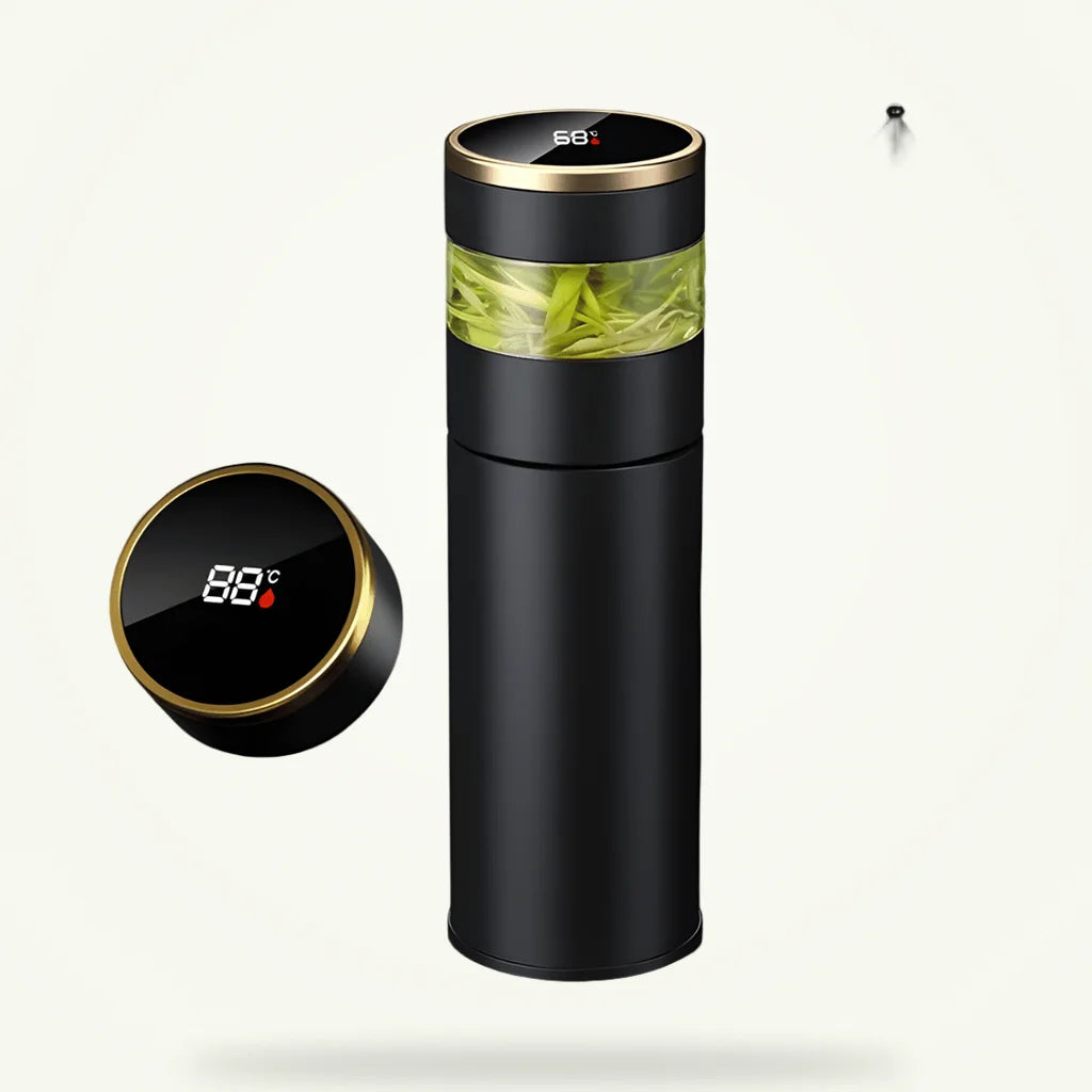 Stainless steel insulated tea infuser bottle with digital temperature display lid, product shot on neutral background
