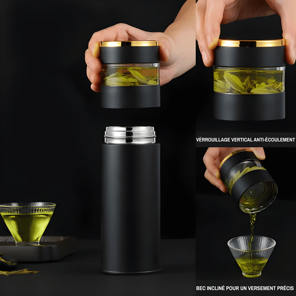 Removable stainless steel infuser basket pulled out of insulated tea bottle