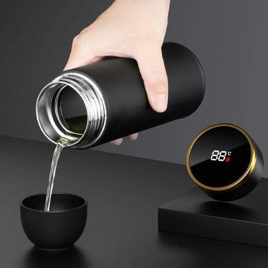 Close-up of digital temperature display on the lid of a stainless steel tea infuser bottle