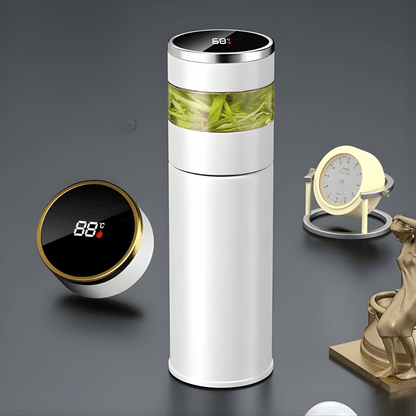White insulated tea infuser bottle with digital display lid, 450 ml stainless steel