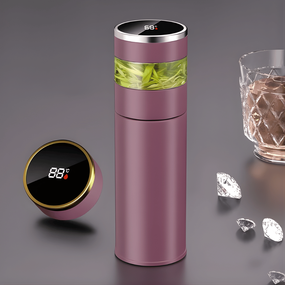 Pink insulated stainless steel tea infuser bottle with removable loose-leaf basket