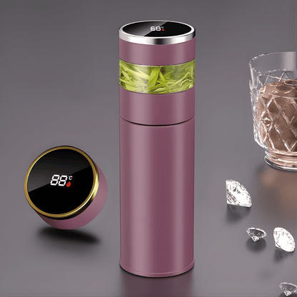 Pink insulated stainless steel tea infuser bottle with removable loose-leaf basket