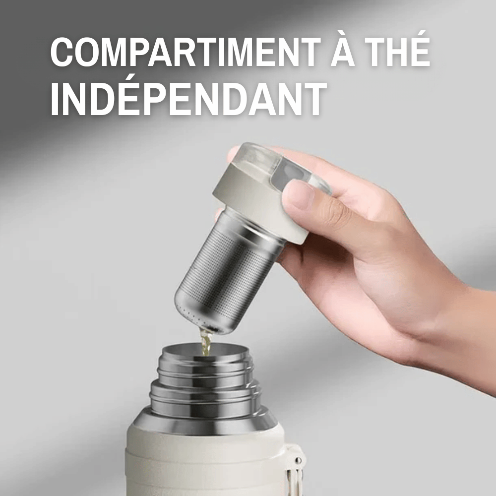 Tea thermos with magnetic infuser and screw-top lid cup in black