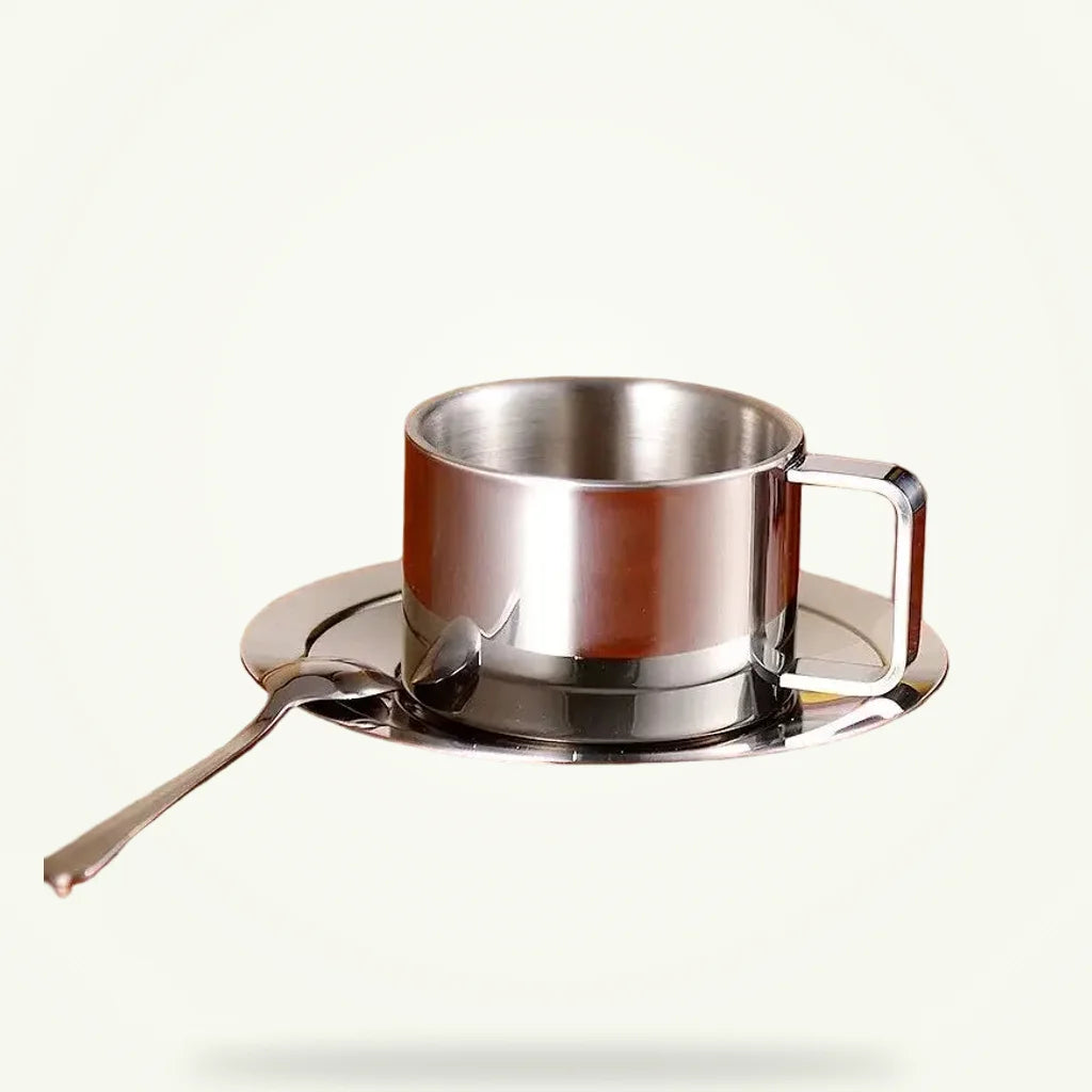 Stainless Steel Saucer Set with Cups and Spoons, product photo on a plain background