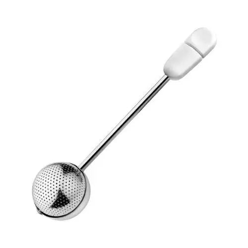 White stainless steel mesh tea infuser ball with handle, side view