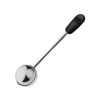 Black stainless steel tea infuser ball with Magic Handle, minimalist product shot