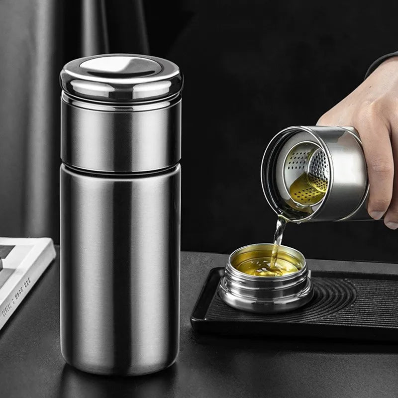 Double wall 304 stainless steel tea infuser thermos with lid open showing built-in filter