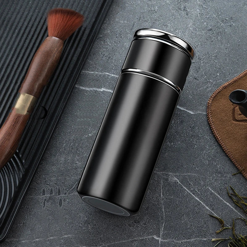 Black stainless steel tea infuser thermos 420ml with removable filter basket