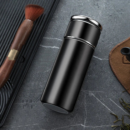 Black stainless steel tea infuser thermos 420ml with removable filter basket