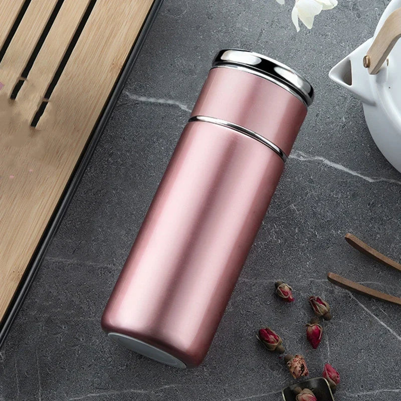 Silver 300ml stainless steel tea thermos with built-in strainer for loose leaf tea