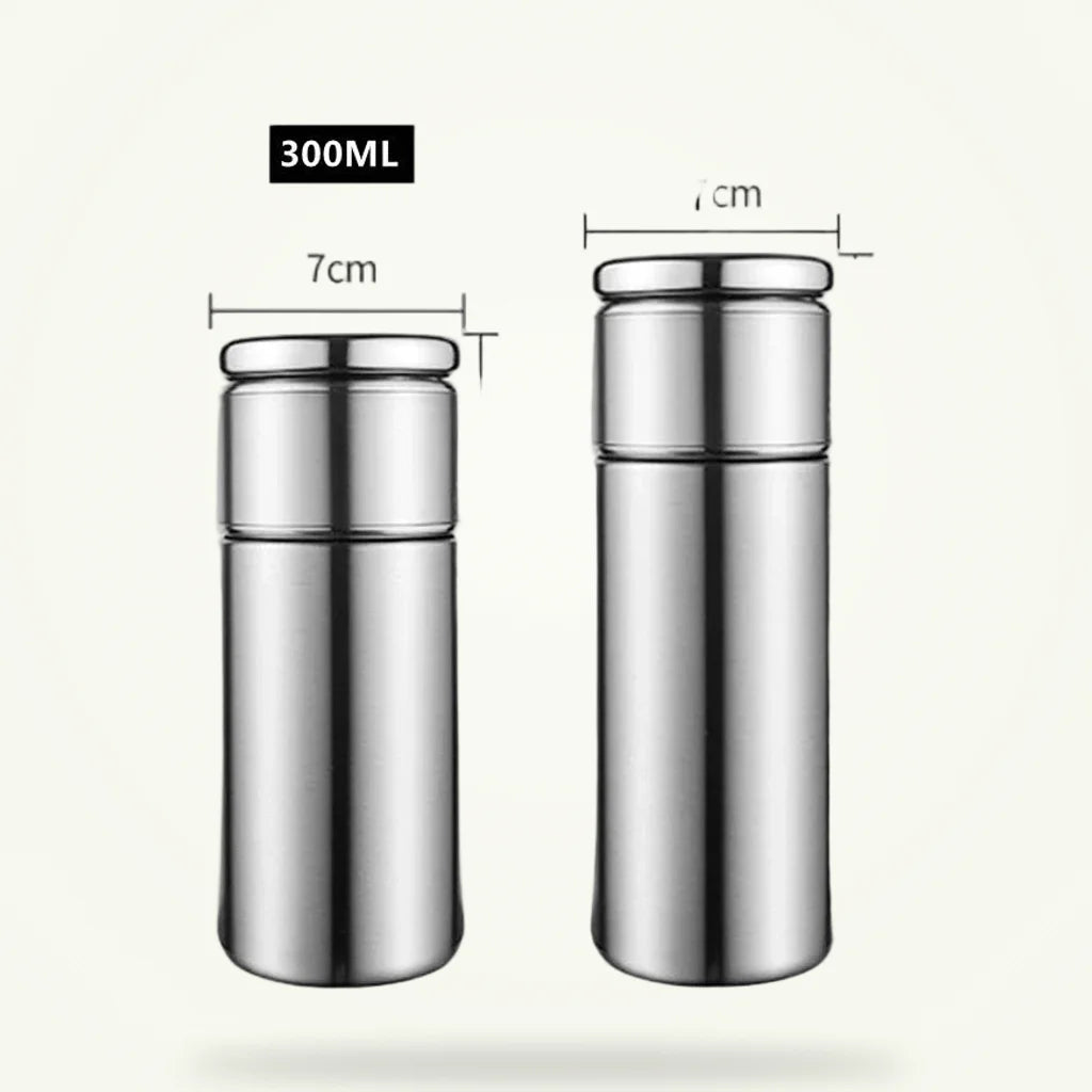 Stainless steel tea infuser thermos double wall 304 packshot in silver on plain background