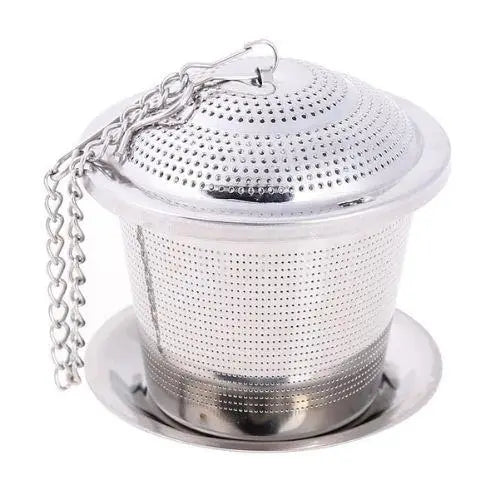 Silver stainless steel loose-leaf tea infuser close-up view