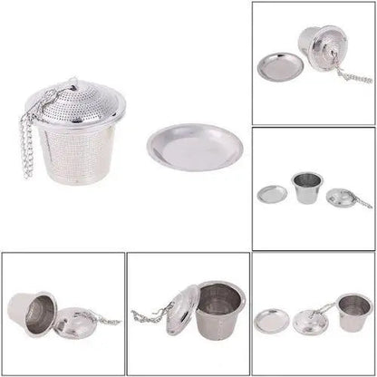 Food-grade stainless steel tea infuser displayed on a wooden surface