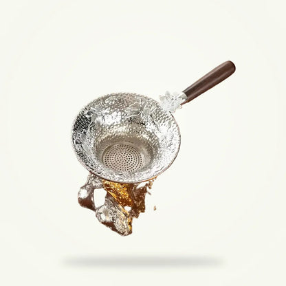 Stainless Steel Tea Strainer with Drip Tray, product photo on a plain background