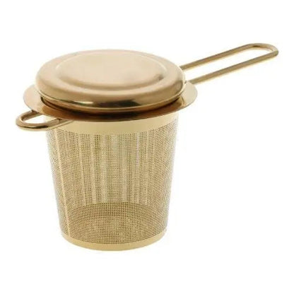 Silver stainless steel tea strainer with clip-on lid attached to handle