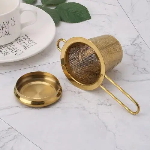 Tea strainer handle and lid clip detail food-grade stainless steel
