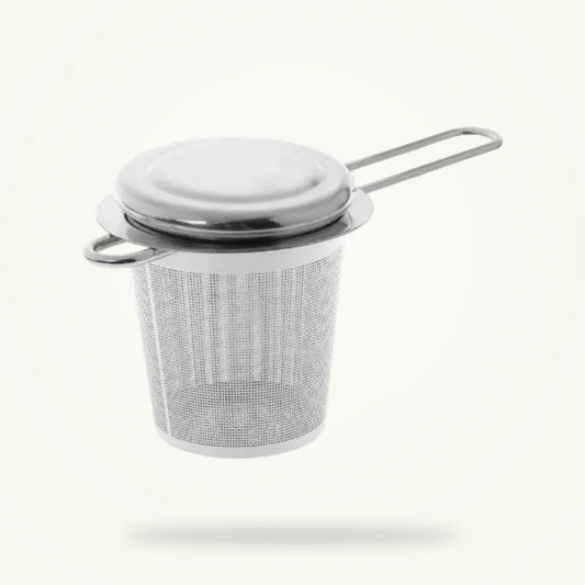 Stainless Steel Tea Strainer with Ergonomic Handle, Gold or Silver, product photo on a plain background