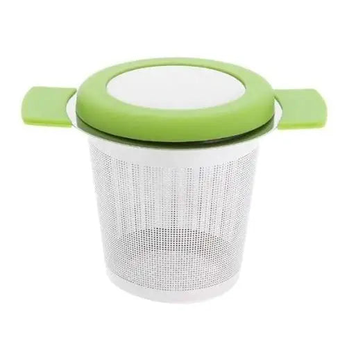 Green stainless steel tea strainer with ergonomic side handles