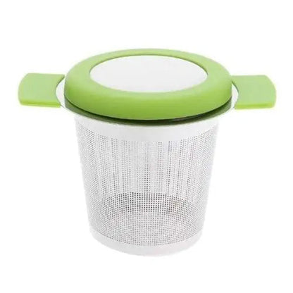 Green stainless steel tea strainer with ergonomic side handles