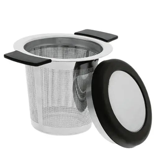 Black stainless steel loose-leaf tea strainer close-up view