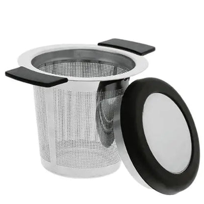 Black stainless steel loose-leaf tea strainer close-up view