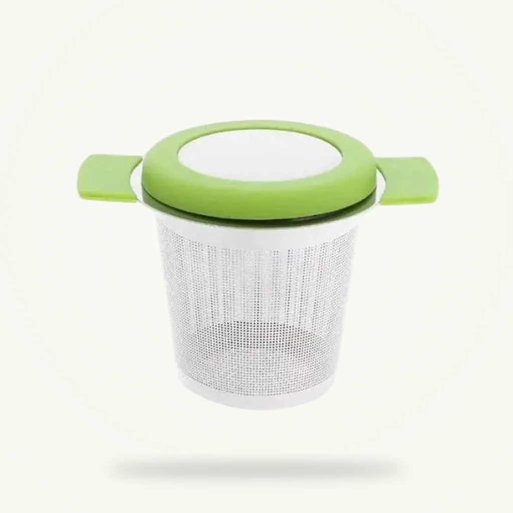 Stainless Steel Tea Strainer with Ergonomic Handles, Red, Green, or Black, product photo on a plain background