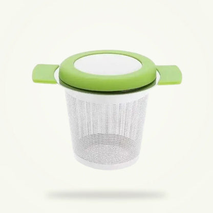 Stainless Steel Tea Strainer with Ergonomic Handles, Red, Green, or Black, product photo on a plain background