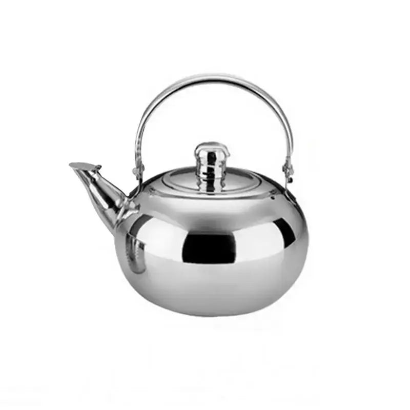 Close-up of stainless steel teapot spout and fitted lid, showing finish quality