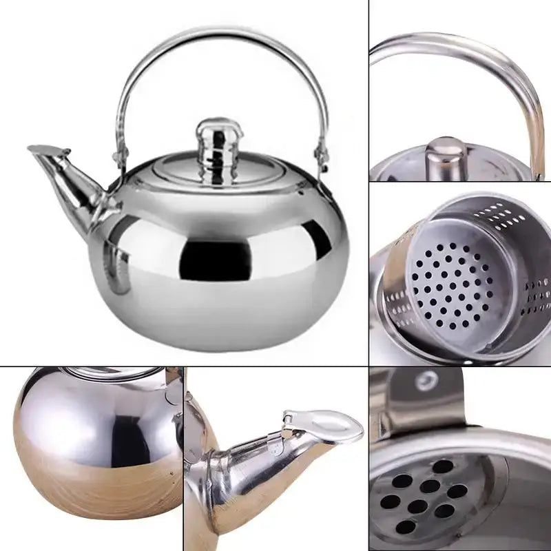 Stainless steel teapot 1L pouring brewed loose-leaf tea into a ceramic cup