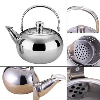 Stainless steel teapot 1L pouring brewed loose-leaf tea into a ceramic cup