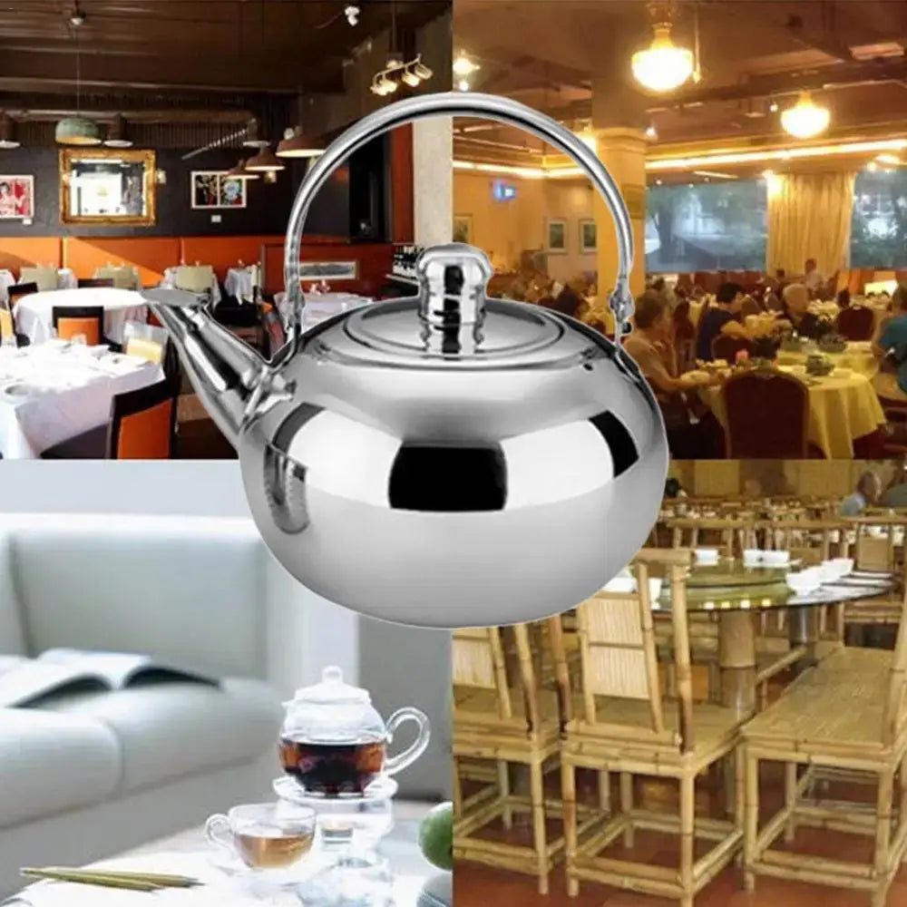 Removable basket infuser inside stainless steel teapot, filled with loose-leaf tea