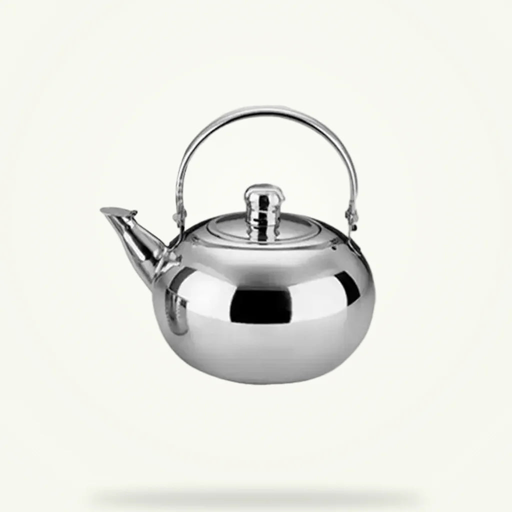 Stainless steel teapot 1L with built-in infuser, front view on plain background