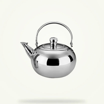 Stainless steel teapot 1L with built-in infuser, front view on plain background