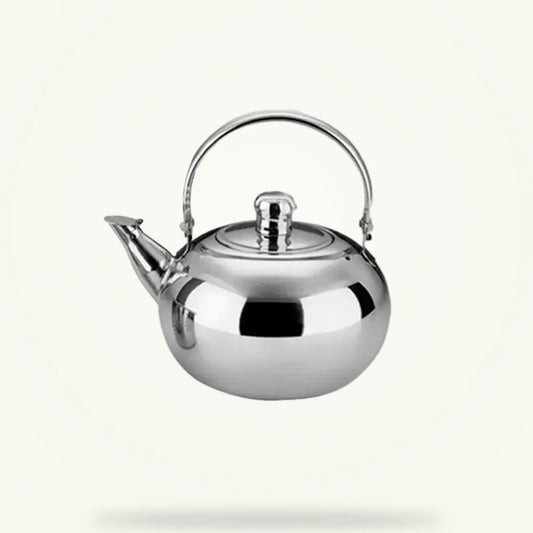 Stainless steel teapot 1L with built-in infuser, front view on plain background