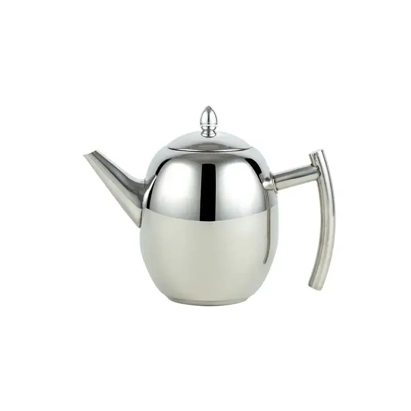 Silver stainless steel induction teapot, side angle showing flat base