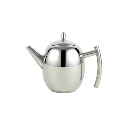 Silver stainless steel induction teapot, side angle showing flat base