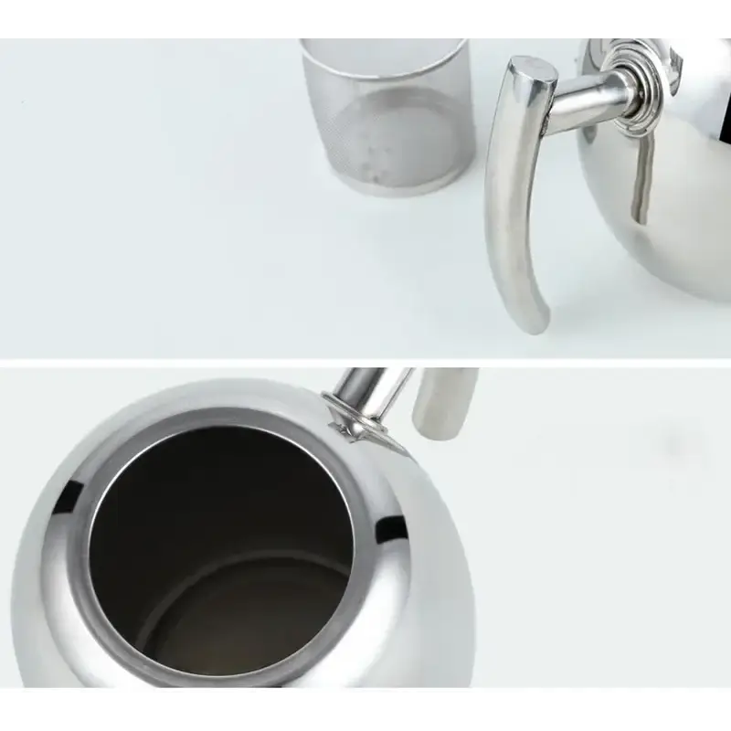 Stainless steel stovetop teapot on a kitchen counter next to tea leaves