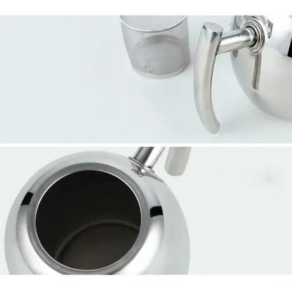 Stainless steel stovetop teapot on a kitchen counter next to tea leaves