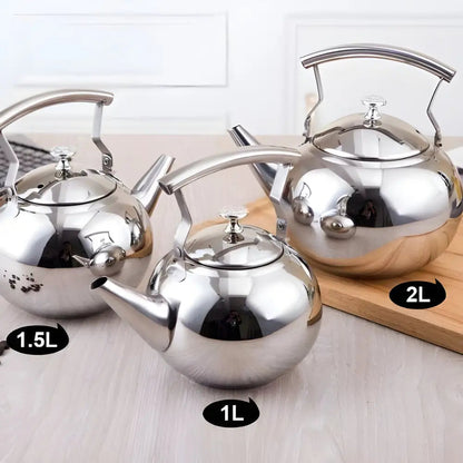 Three stainless steel teapots in 0.5 L, 1 L, and 1.5 L sizes side by side