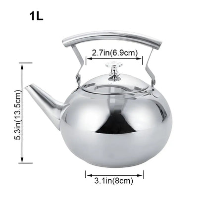 Size comparison of stainless steel teapot next to a standard mug and kettle